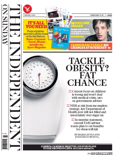 The Independent on Sunday (UK) Newspaper Front Page for 7 February 2016