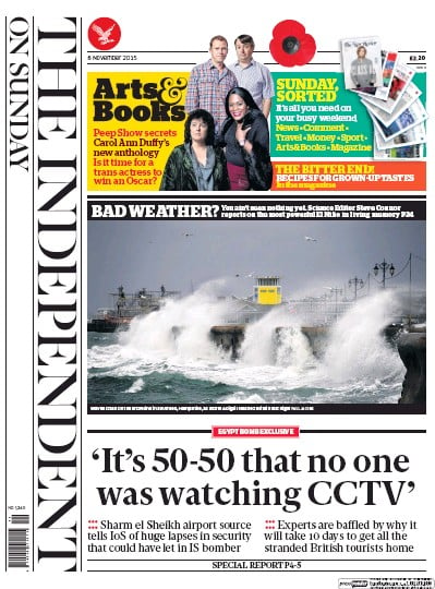 The Independent on Sunday (UK) Newspaper Front Page for 8 November 2015