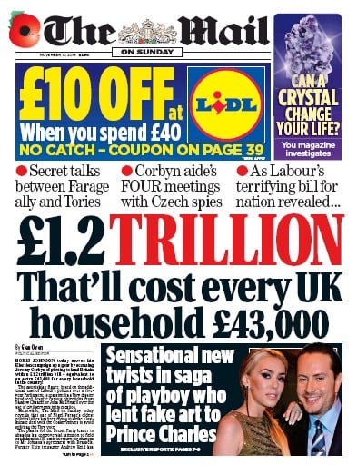 The Mail on Sunday Newspaper Front Page for 10 November 2019