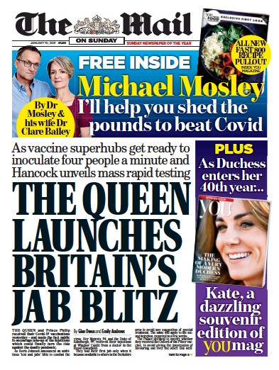 The Mail on Sunday Newspaper Front Page for 10 January 2021