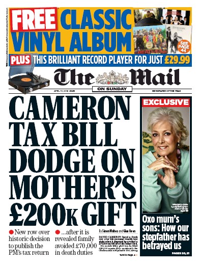 The Mail on Sunday Newspaper Front Page for 10 April 2016