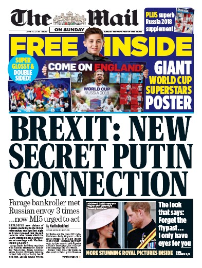 The Mail on Sunday Newspaper Front Page for 10 June 2018