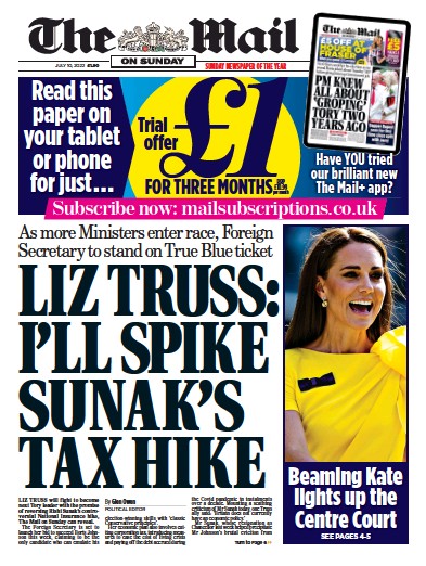 The Mail on Sunday Newspaper Front Page for 10 July 2022