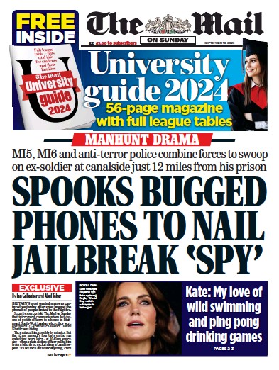 The Mail on Sunday (UK) Newspaper Front Page for 10 September 2023