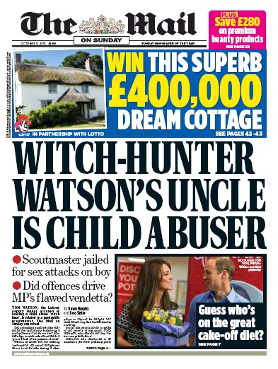 The Mail on Sunday (UK) Newspaper Front Page for 11 October 2015