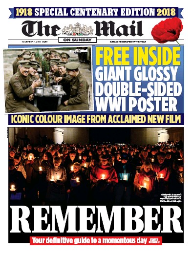 The Mail on Sunday Newspaper Front Page for 11 November 2018