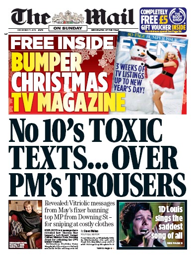 The Mail on Sunday Newspaper Front Page for 11 December 2016
