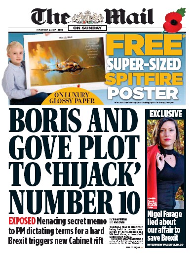 The Mail on Sunday Newspaper Front Page for 12 November 2017