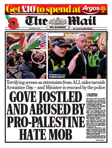 The Mail on Sunday Newspaper Front Page for 12 November 2023