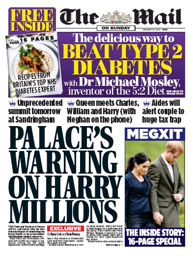 The Mail on Sunday Newspaper Front Page for 12 January 2020