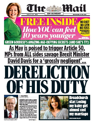 The Mail on Sunday Newspaper Front Page for 12 March 2017