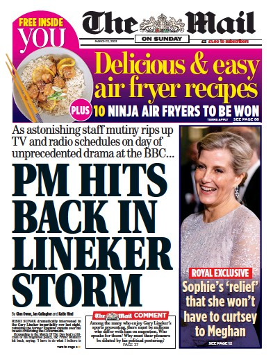 The Mail on Sunday (UK) Newspaper Front Page for 12 March 2023