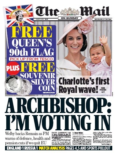 The Mail on Sunday Newspaper Front Page for 12 June 2016