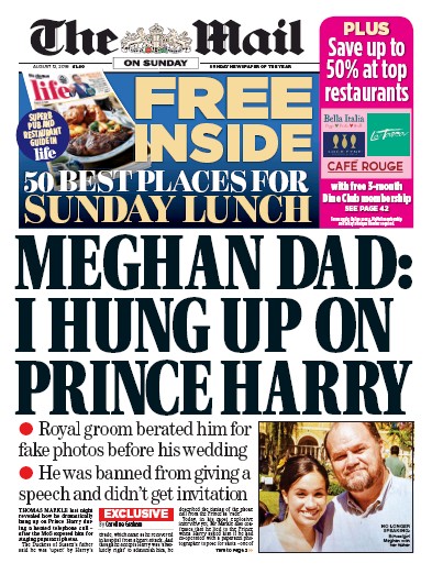 The Mail on Sunday Newspaper Front Page for 12 August 2018