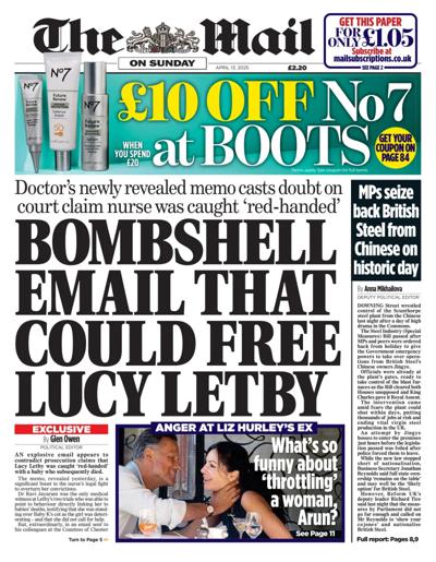 The Mail on Sunday Newspaper Front Page for 13 April 2025