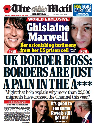 The Mail on Sunday (UK) Newspaper Front Page for 14 November 2021