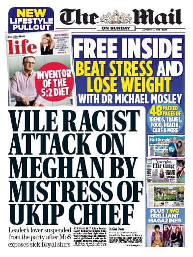 The Mail on Sunday Newspaper Front Page for 14 January 2018