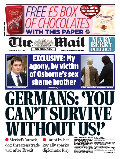 The Mail on Sunday Newspaper Front Page for 14 February 2016
