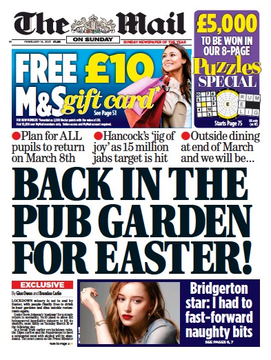 The Mail on Sunday Newspaper Front Page for 14 February 2021