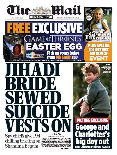 The Mail on Sunday (UK) Newspaper Front Page for 14 April 2019