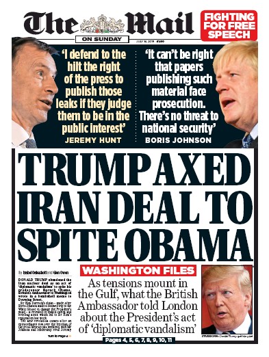The Mail on Sunday Newspaper Front Page for 14 July 2019