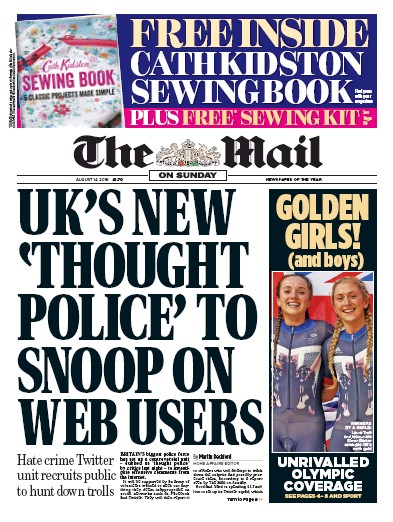 The Mail on Sunday Newspaper Front Page for 14 August 2016