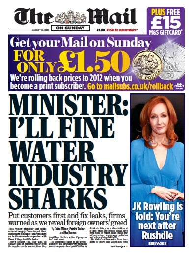 The Mail on Sunday (UK) Newspaper Front Page for 14 August 2022