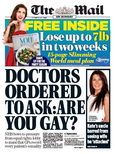 The Mail on Sunday Newspaper Front Page for 15 October 2017