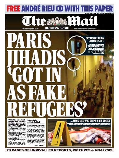 The Mail on Sunday Newspaper Front Page for 15 November 2015