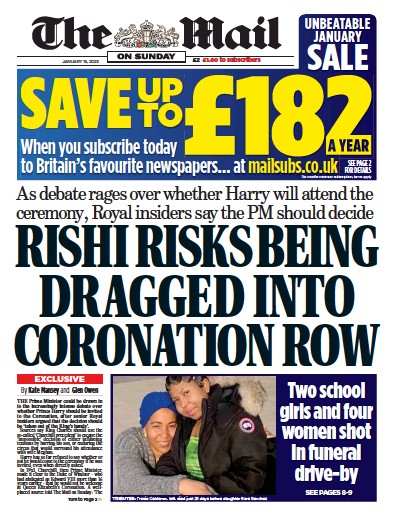 The Mail on Sunday (UK) Newspaper Front Page for 15 January 2023