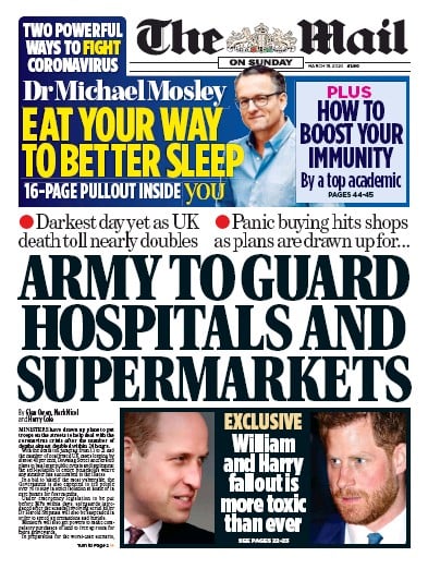 The Mail on Sunday Newspaper Front Page for 15 March 2020
