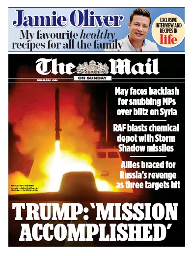 The Mail on Sunday (UK) Newspaper Front Page for 15 April 2018