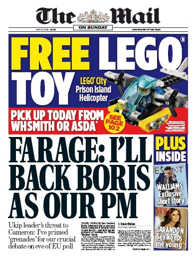 The Mail on Sunday Newspaper Front Page for 15 May 2016