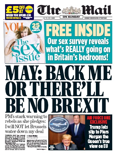The Mail on Sunday Newspaper Front Page for 15 July 2018