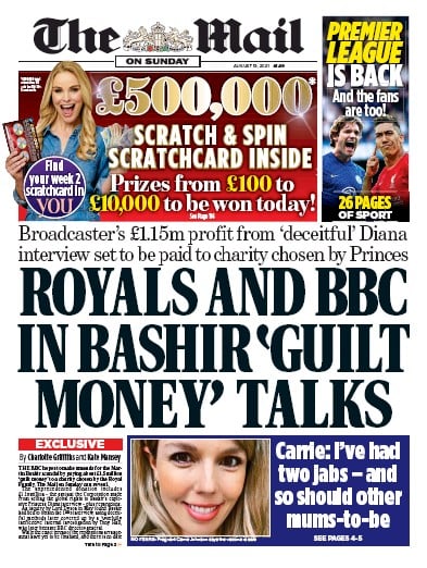The Mail on Sunday (UK) Newspaper Front Page for 15 August 2021