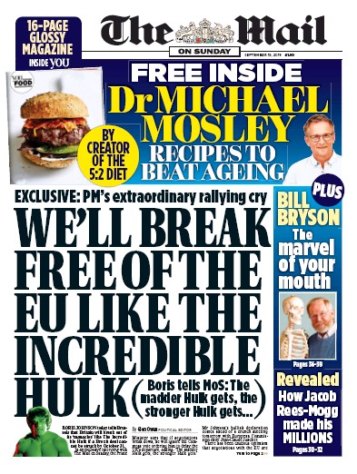 The Mail on Sunday Newspaper Front Page for 15 September 2019