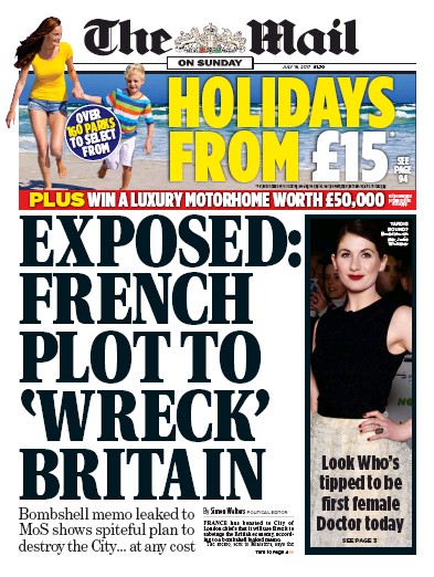 The Mail on Sunday Newspaper Front Page for 16 July 2017