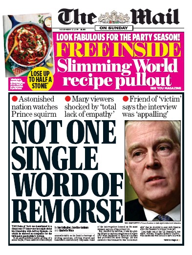 The Mail on Sunday Newspaper Front Page for 17 November 2019