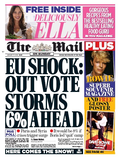 The Mail on Sunday Newspaper Front Page for 17 January 2016