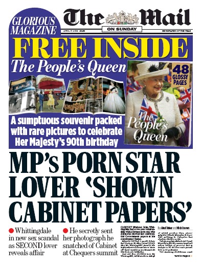 The Mail on Sunday Newspaper Front Page for 17 April 2016