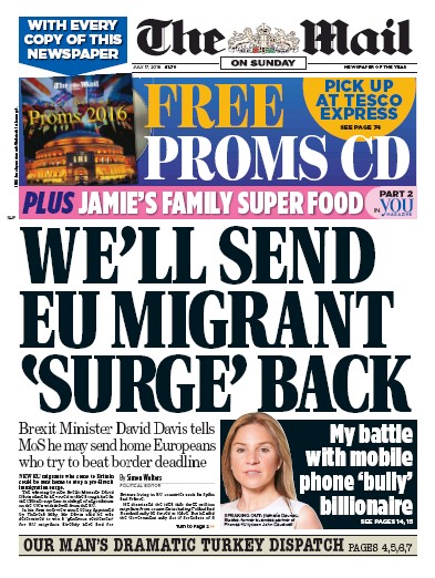 The Mail on Sunday (UK) Newspaper Front Page for 17 July 2016