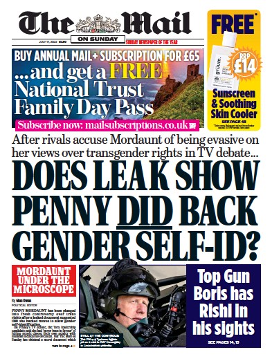 The Mail on Sunday (UK) Newspaper Front Page for 17 July 2022