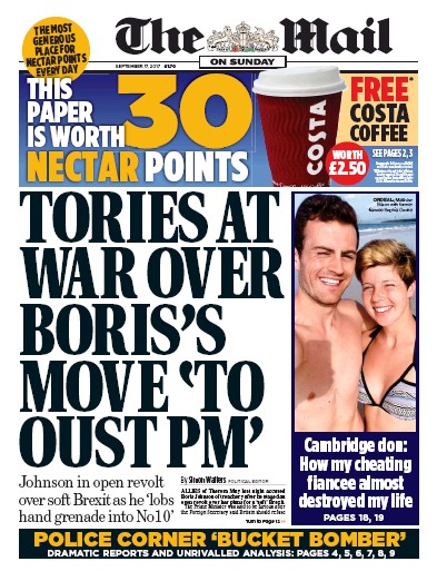 The Mail on Sunday Newspaper Front Page for 17 September 2017