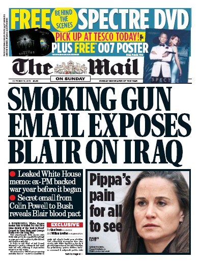 The Mail on Sunday Newspaper Front Page for 18 October 2015