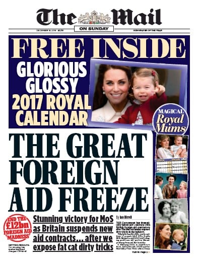 The Mail on Sunday Newspaper Front Page for 18 December 2016