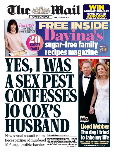 The Mail on Sunday Newspaper Front Page for 18 February 2018