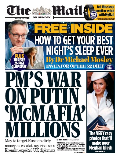 The Mail on Sunday Newspaper Front Page for 18 March 2018