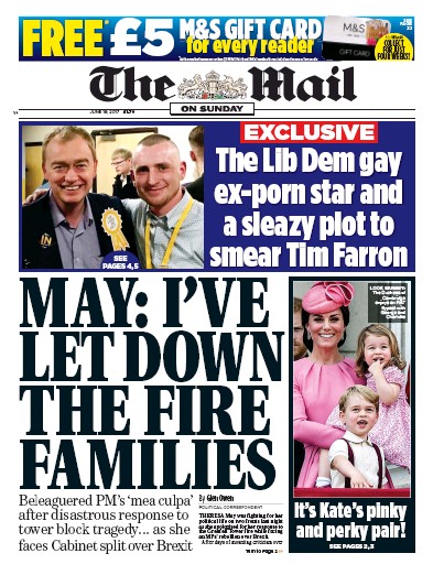 The Mail on Sunday Newspaper Front Page for 18 June 2017