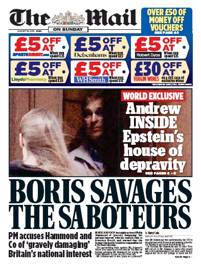The Mail on Sunday Newspaper Front Page for 18 August 2019