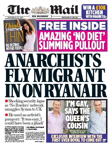 The Mail on Sunday (UK) Newspaper Front Page for 18 September 2016